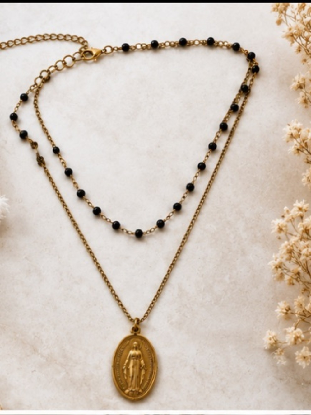 Vintage Miraculous Medal Layered Rosary Style Necklace Black Beads 22” Gold Tone